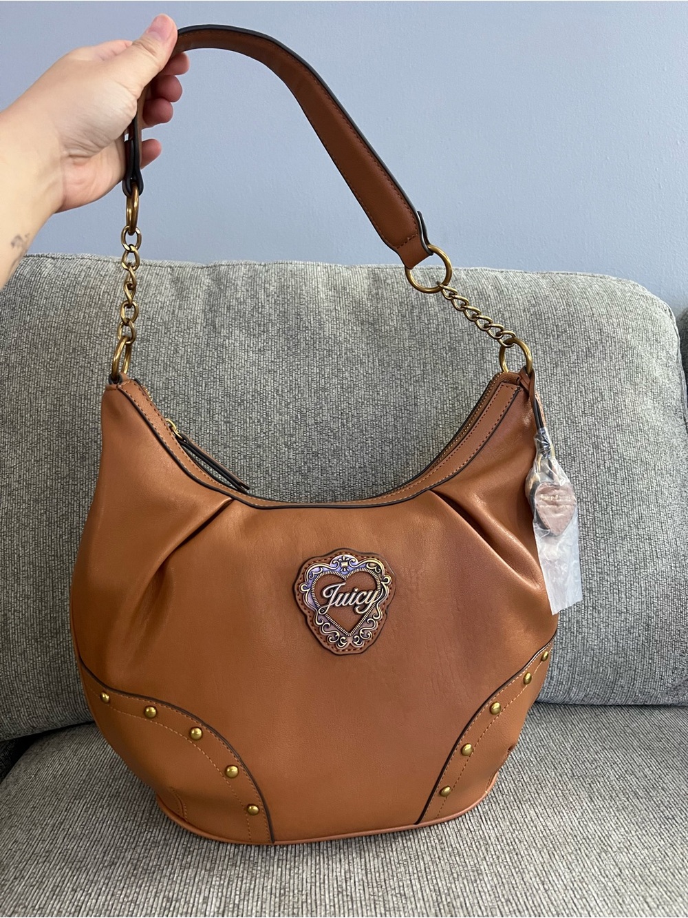 Juicy Couture Cognac Leather Shoulder Hobo with Heart Logo